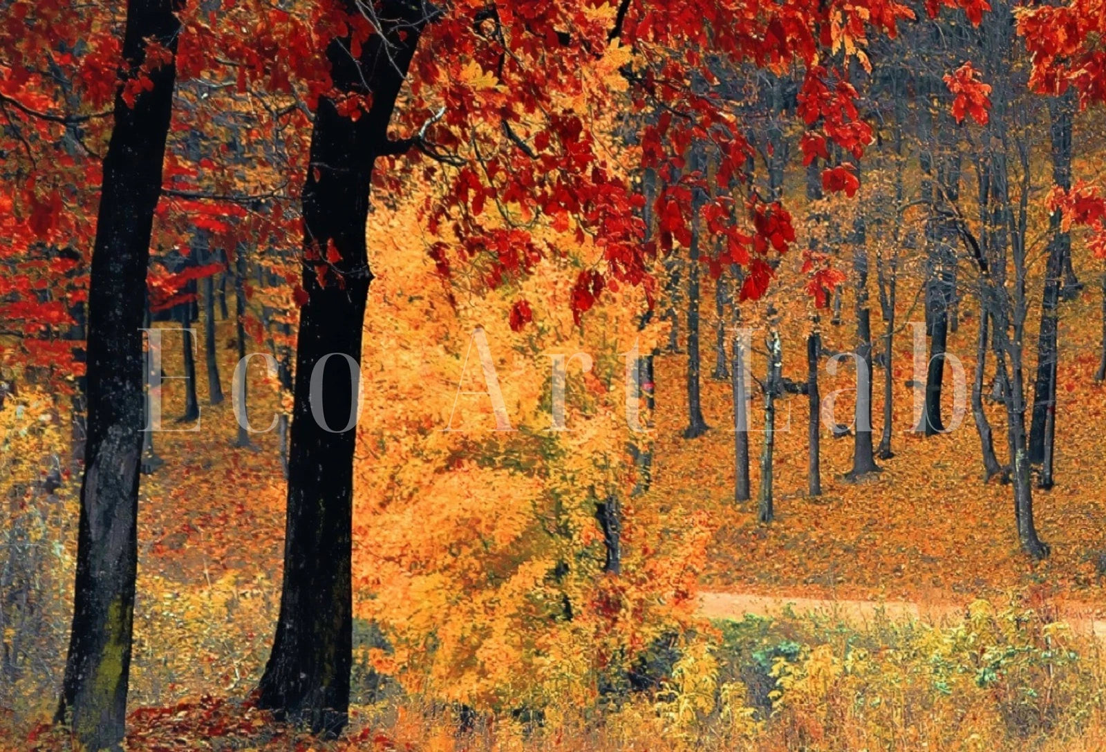 Detail view of artwork from Forest Trail in the Fall Landscape Painting, Printable Wall Art, for Home or Office Decor, Nature Print Digital Art Instant Download. (variation 1)