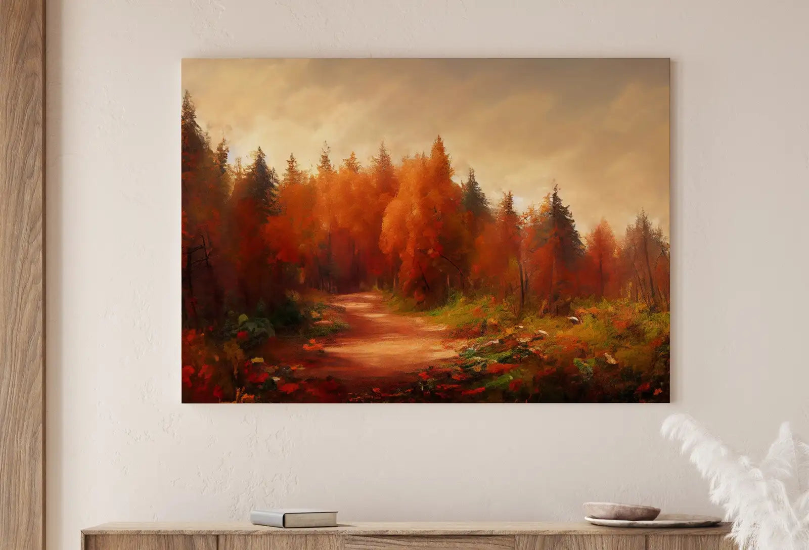 Detail view of artwork from Forest Trail in the Fall Landscape Painting, Printable Wall Art. Nature Print Home or Office Decor. Digital Autumn Art. Instant Download. (variation 1)
