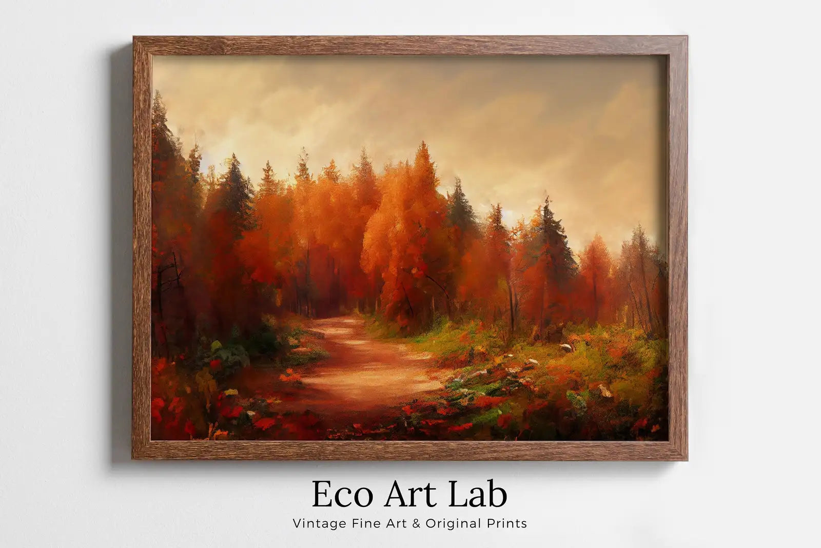 Framed view of Forest Trail in the Fall Landscape Painting, Printable Wall Art. Nature Print Home or Office Decor. Digital Autumn Art. Instant Download – printable wall art digital download.