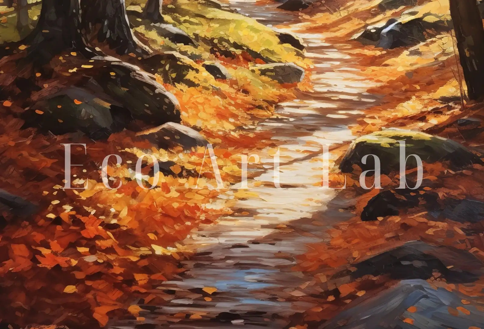 Detail view of artwork from Forest Trail in the Fall Printable Landscape Painting. Instant Download Autumn Art. Nature Print. Vertical Wall Art. Home or Office Decor. (variation 1)