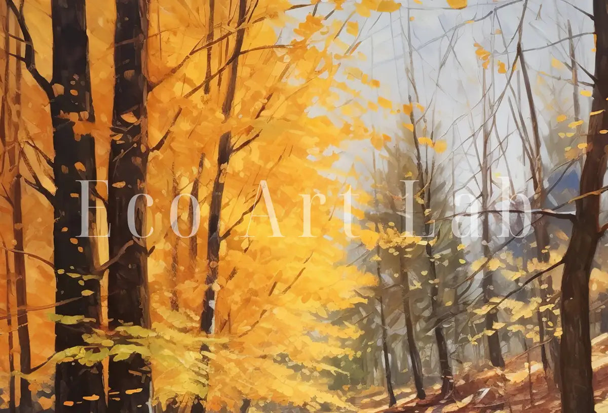 Detail view of artwork from Forest Trail in the Fall Printable Landscape Painting. Instant Download Autumn Art. Nature Print. Vertical Wall Art. Home or Office Decor. (variation 2)
