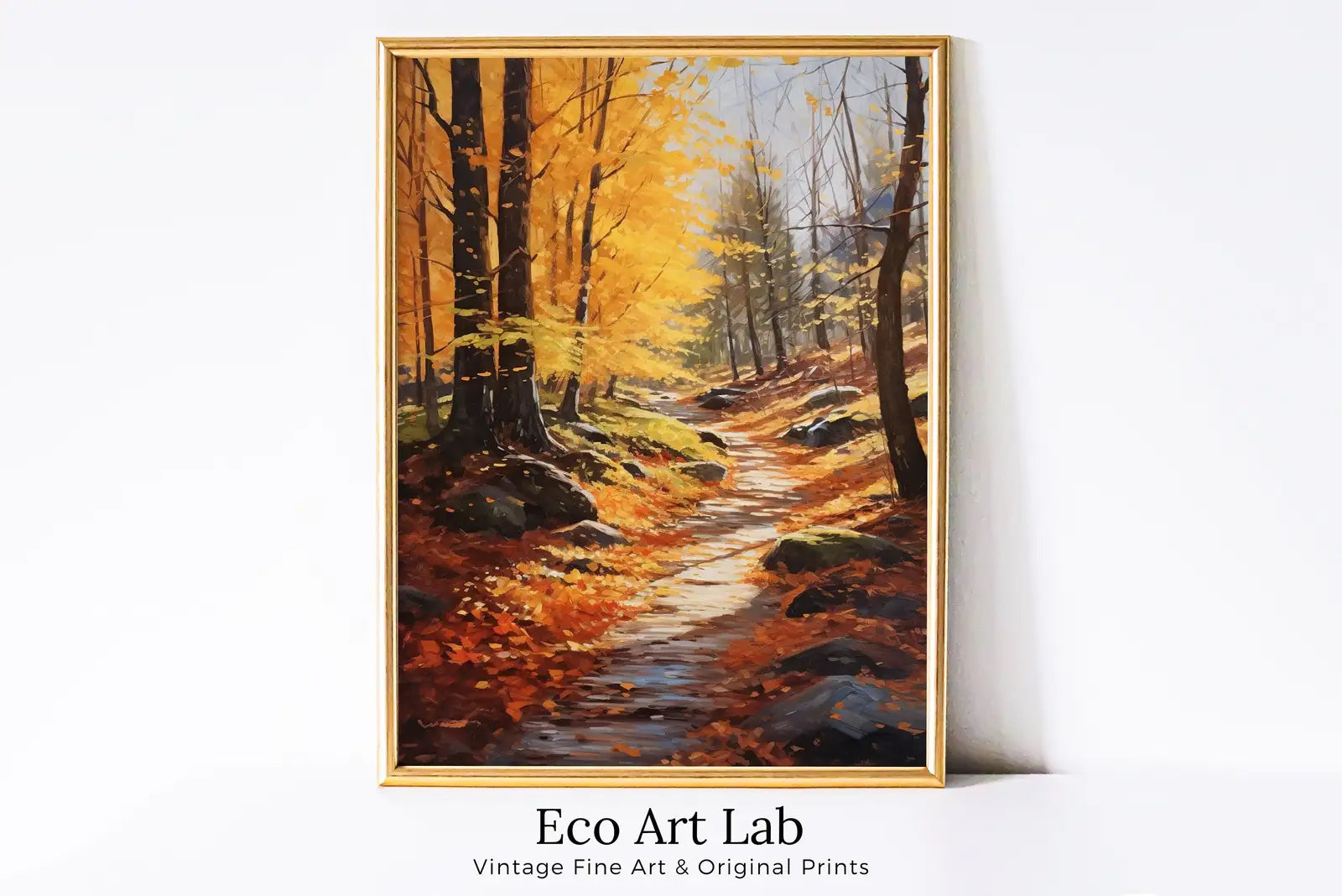 Framed view of Forest Trail in the Fall Printable Landscape Painting. Instant Download Autumn Art. Nature Print. Vertical Wall Art. Home or Office Decor – printable wall art digital download.