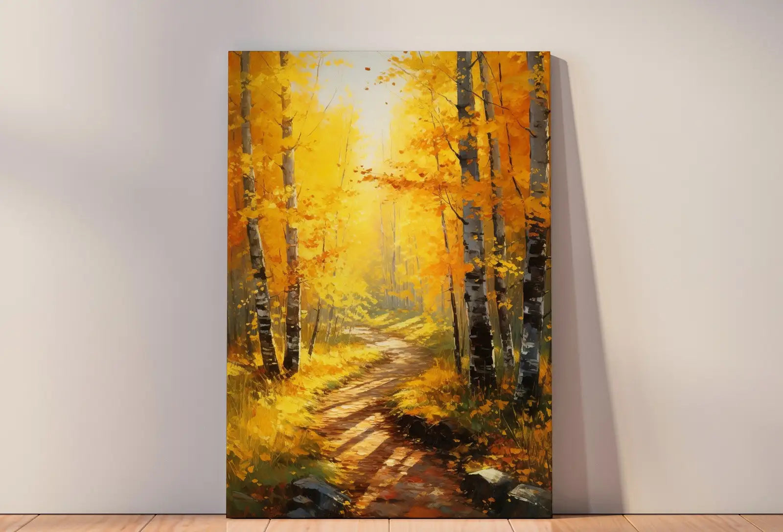 Detail view of artwork from Forest Trail in the Fall Printable Landscape Painting. Nature Print Autumn Art. Vertical Wall Art. Instant Download Home or Office Decor. (variation 1)