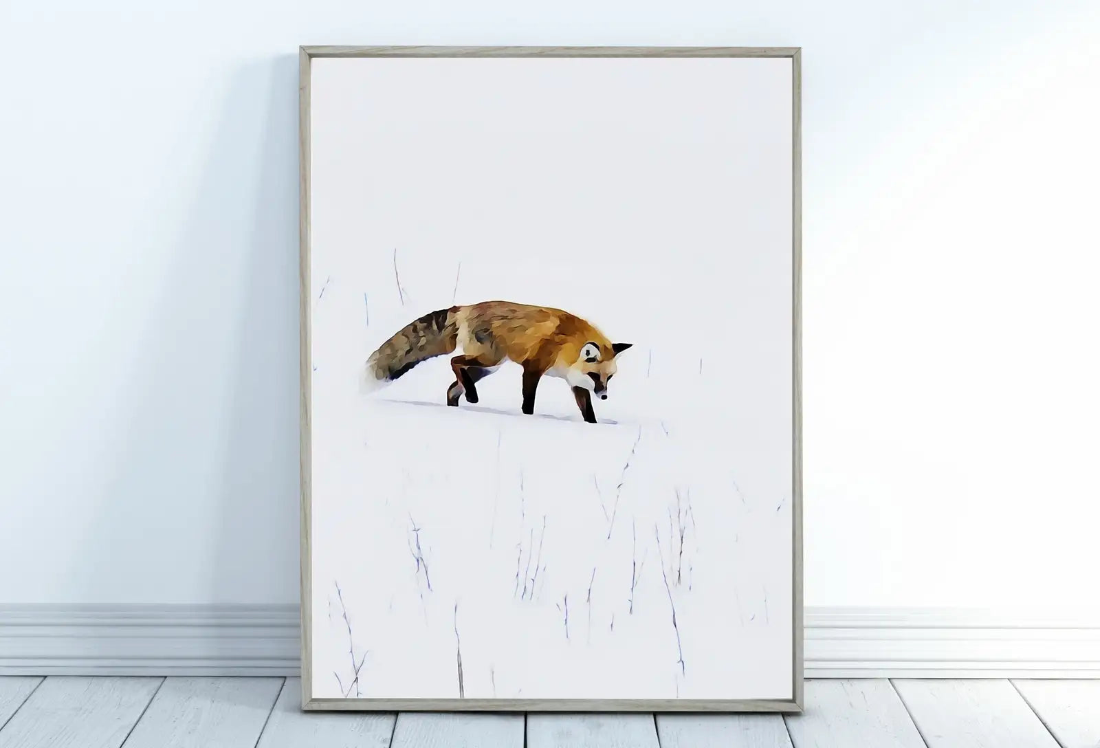 Included artwork preview showing first selection of artworks from Fox in Snow Wall Art Animal Print. Instant Download Printable Wall Art, Fox Minimalist Wall Decor. Nursery Wall Art Fox Digital Painting.