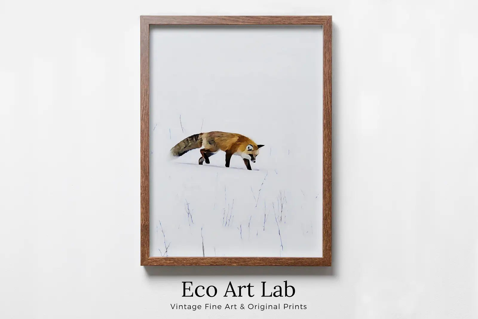 Framed view of Fox in Snow Wall Art Animal Print. Instant Download Printable Wall Art, Fox Minimalist Wall Decor. Nursery Wall Art Fox Digital Painting – printable wall art digital download.