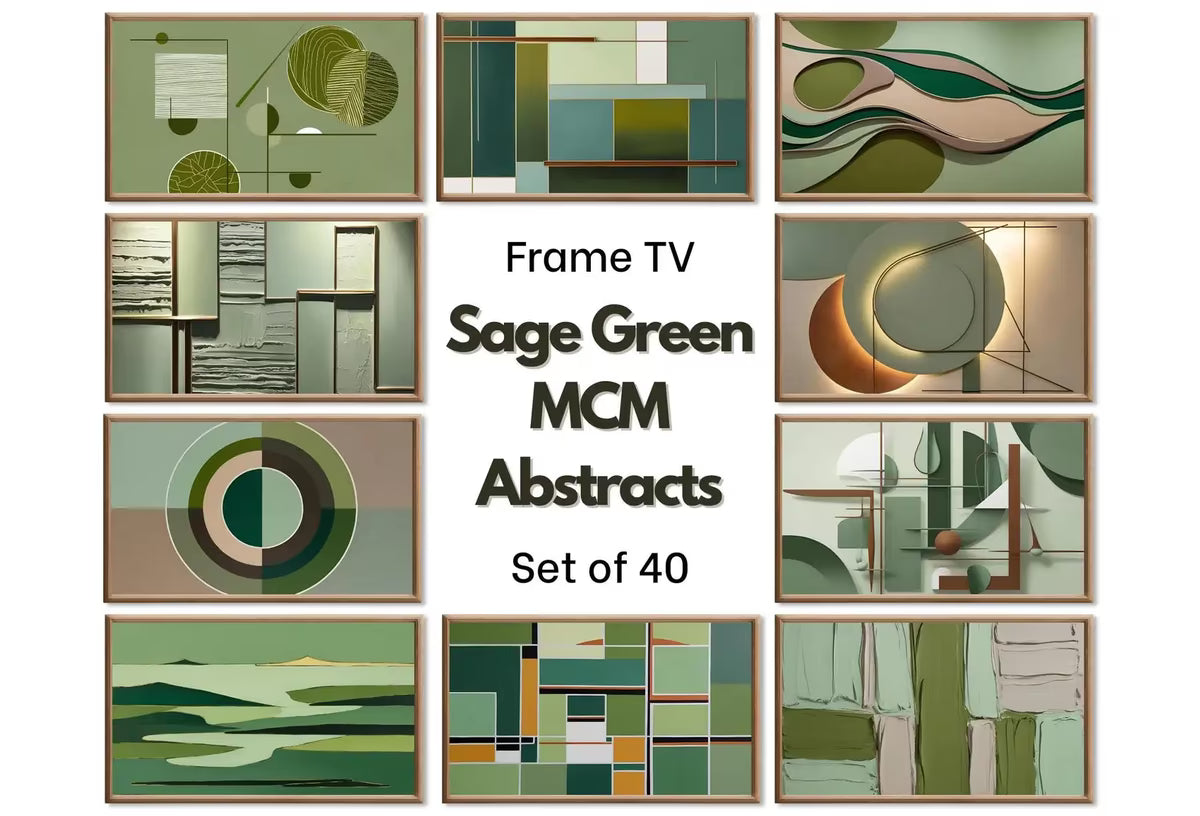 Frame TV Art: Sage Green Wall Art. Midcentury Modern Abstract Paintings Set of 40.  for Samsung Frame TV, Hisense Canvas TV – Frame TV Art Set