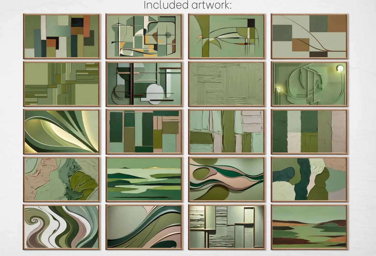 Included artwork preview showing first selection of artworks from Frame TV Art: Sage Green Wall Art. Midcentury Modern Abstract Paintings Set of 40. Digital Download for Samsung Frame TV, Hisense Canvas TV.
