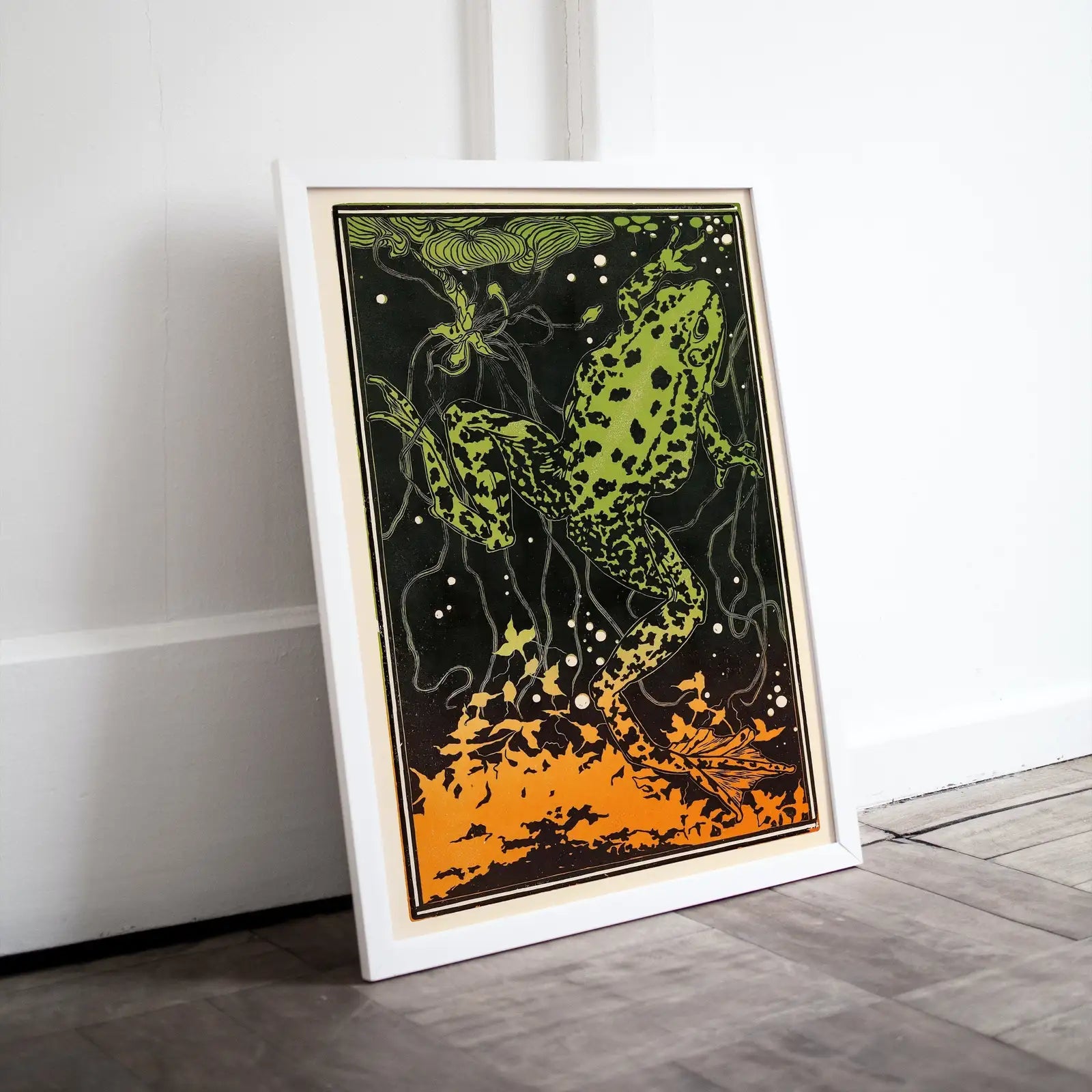 Detail view of artwork from Frog Art Print Decor. Vintage Art Nouveau Wall Art Printable Painting. Instant Download Vintage Frog Julie De Graag Art Nouveau Poster. (variation 1)