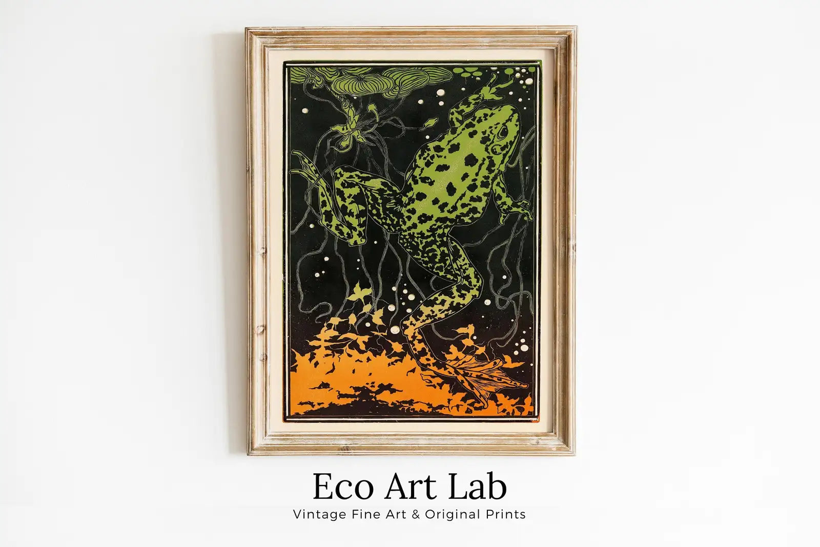 Framed view of Frog Art Print Decor. Vintage Art Nouveau Wall Art Printable Painting. Instant Download Vintage Frog Julie De Graag Art Nouveau Poster – printable wall art digital download.