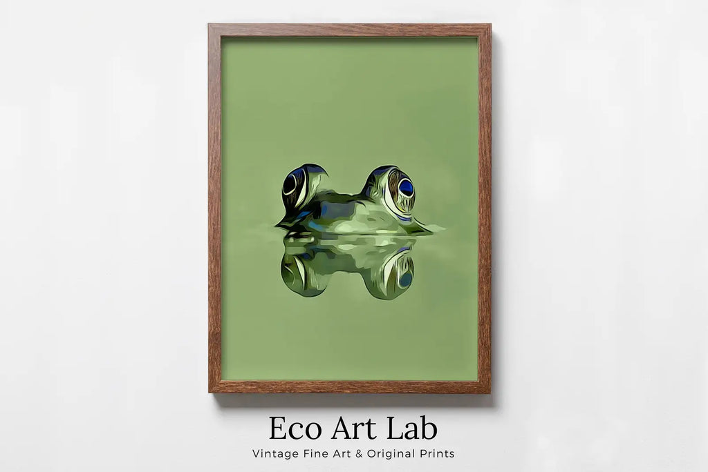 Framed view of Frog Sitting in Pond Wall Art Print. Green Frog Art Instant Download Green Animal Nursery Printable Art. Digital Painting Nursery Wall Art – printable wall art digital download.