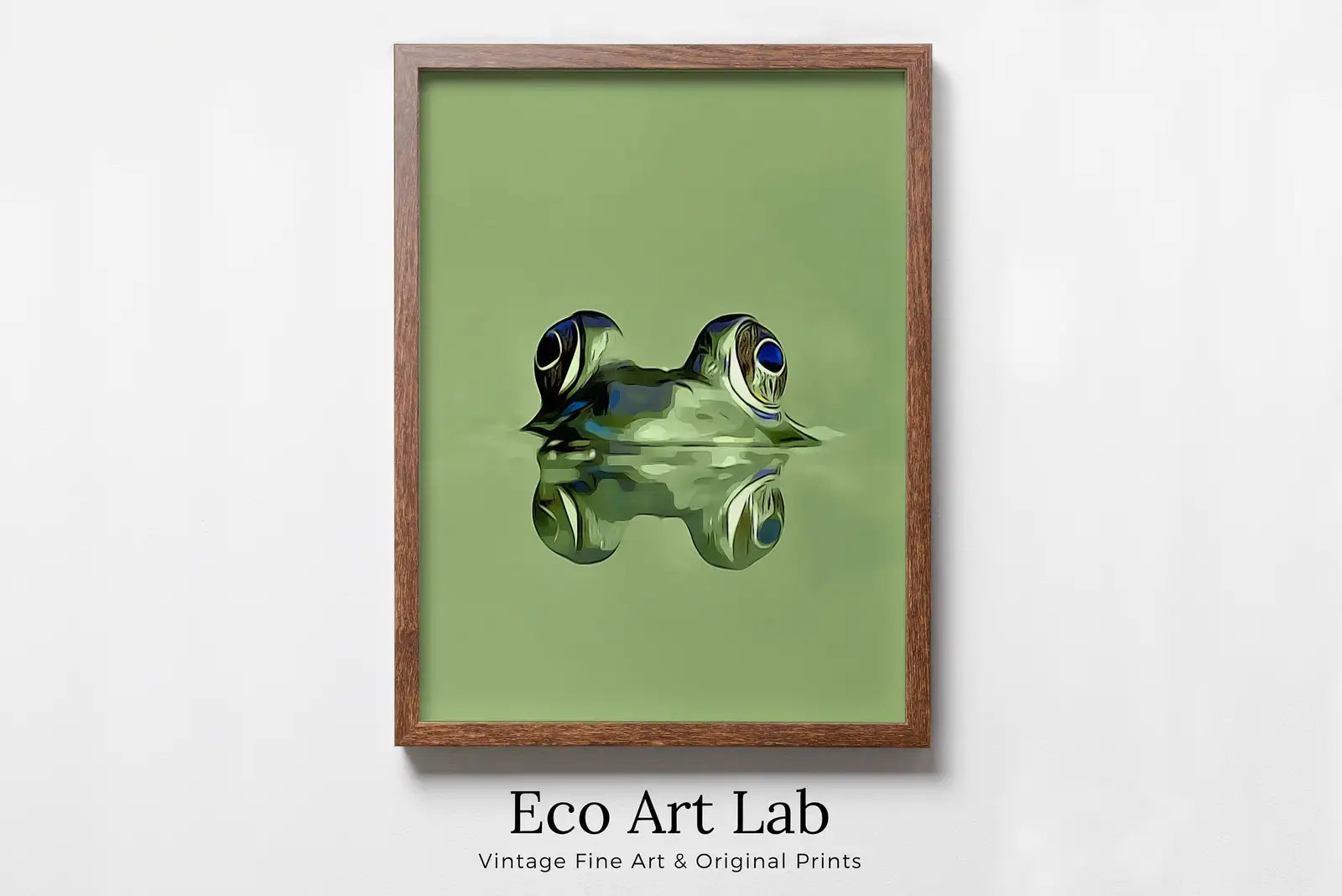 Framed view of Frog Sitting in Pond Wall Art Print. Green Frog Art Instant Download Green Animal Nursery Printable Art. Digital Painting Nursery Wall Art – printable wall art digital download.