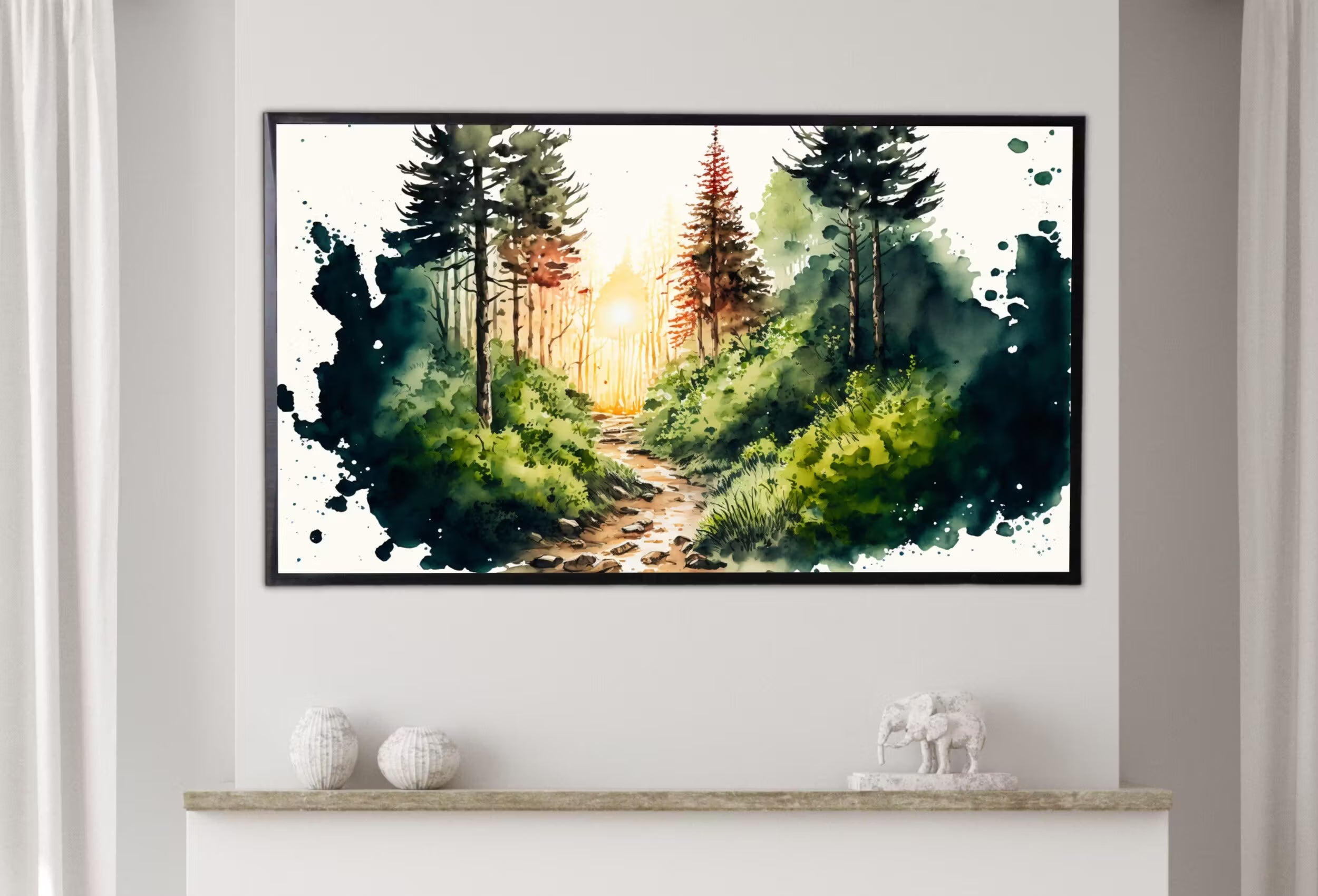 Samsung Frame TV Art 4K Green Forest Landscape Watercolor Digital Painting. Instant Download Forest Art for Samsung Frame TV. Art for TV