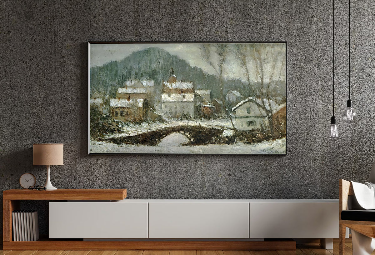 Samsung Frame TV Art 4K - Sandvika Village in the Snow - Famous Claude Monet