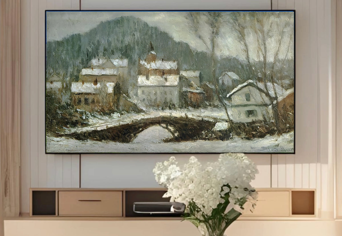 Samsung Frame TV Art 4K - Sandvika Village in the Snow - Famous Claude Monet