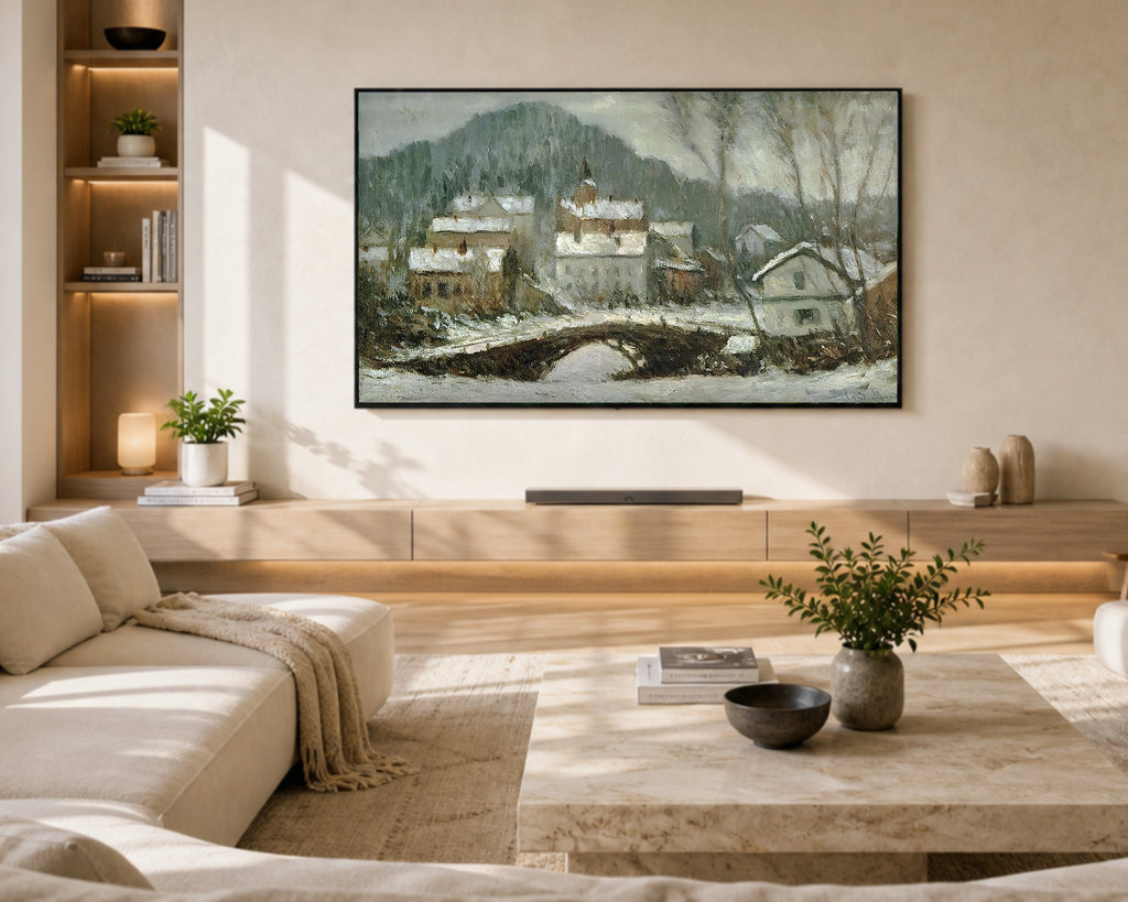 Samsung Frame TV Art 4K - Sandvika Village in the Snow - Famous Claude Monet