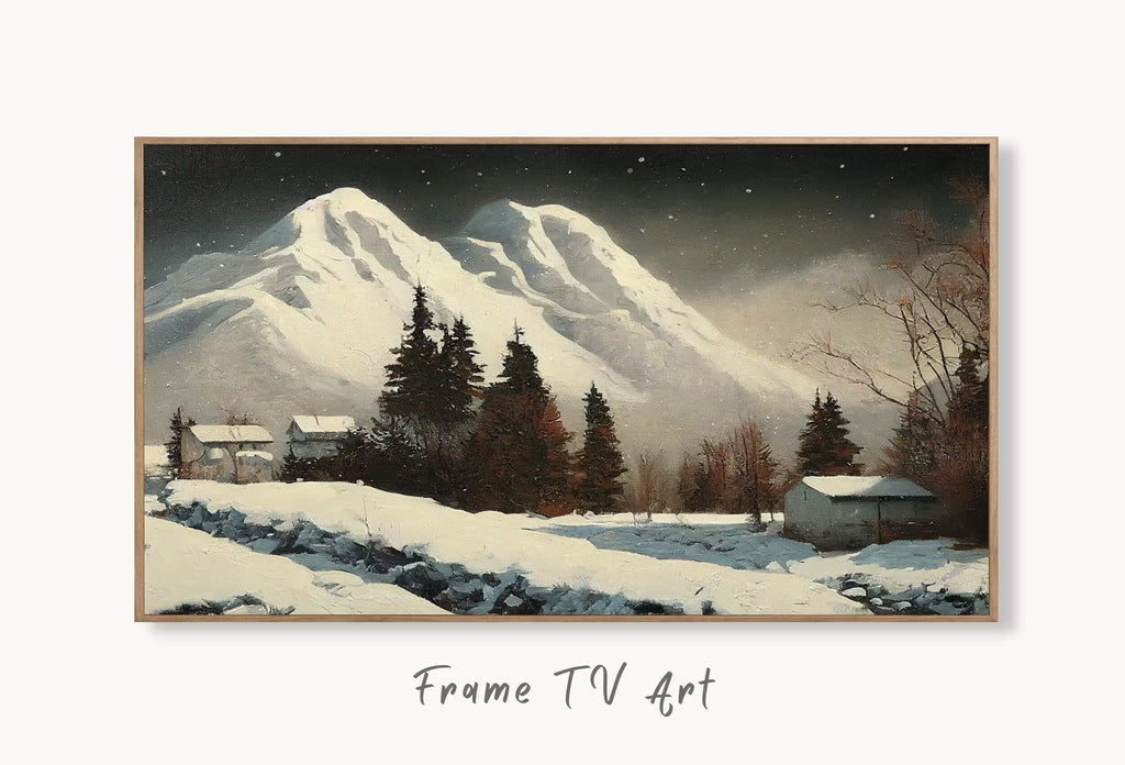 Samsung Frame TV Art 4K Mountain Landscape Winter Oil Painting. Instant Download Rustic Winter Landscape Art for Frame TV. Nature Art for TV