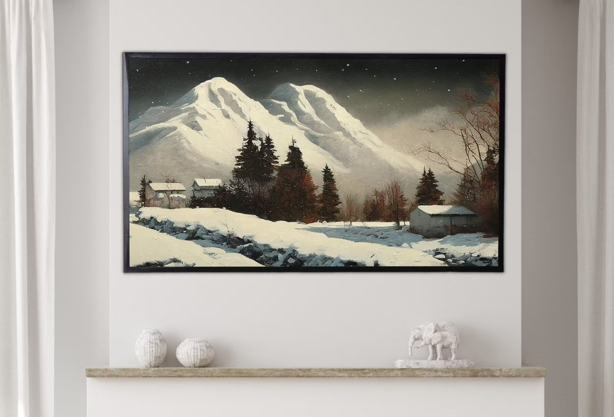 Samsung Frame TV Art 4K Mountain Landscape Winter Oil Painting. Instant Download Rustic Winter Landscape Art for Frame TV. Nature Art for TV