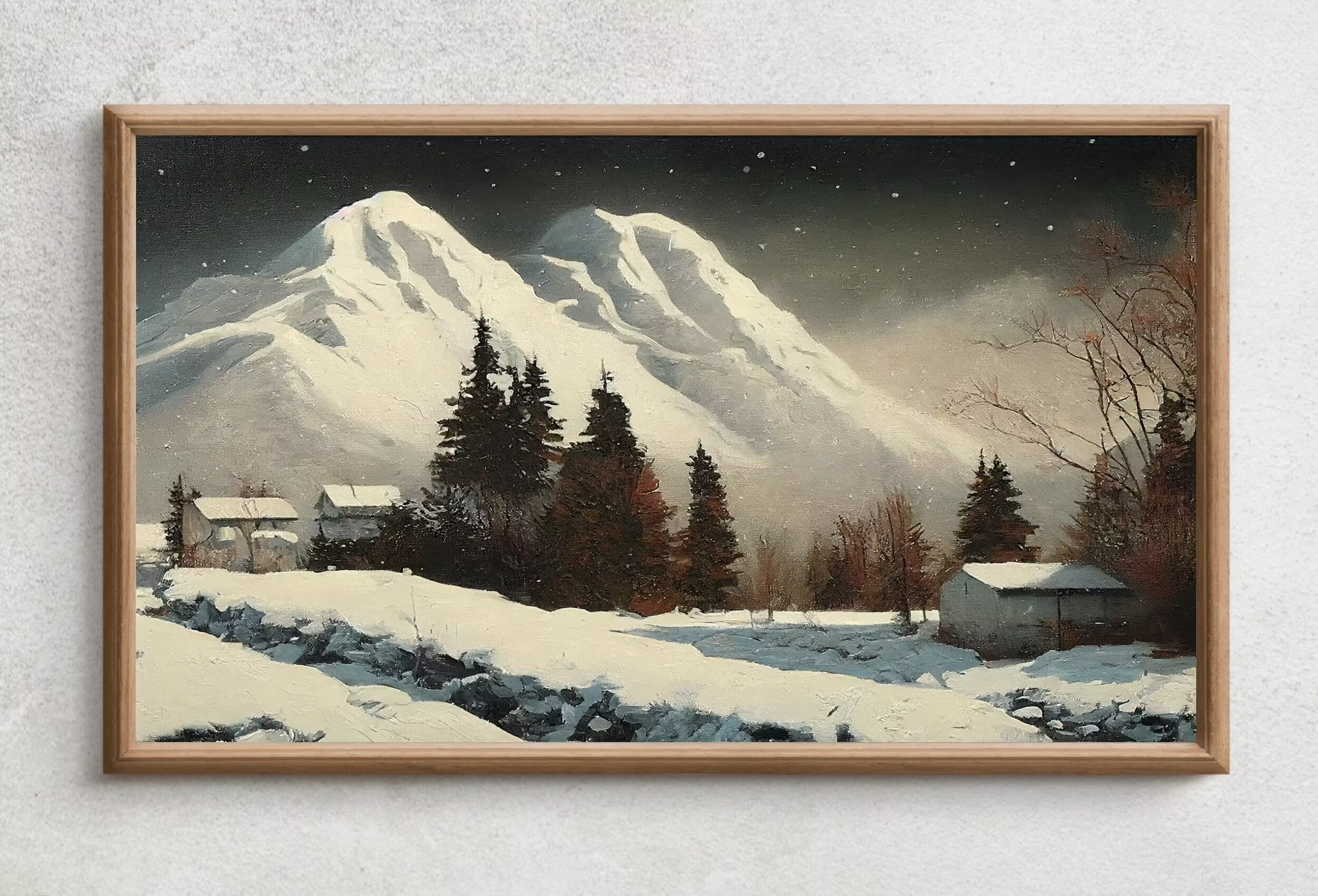 Samsung Frame TV Art 4K Mountain Landscape Winter Oil Painting. Instant Download Rustic Winter Landscape Art for Frame TV. Nature Art for TV
