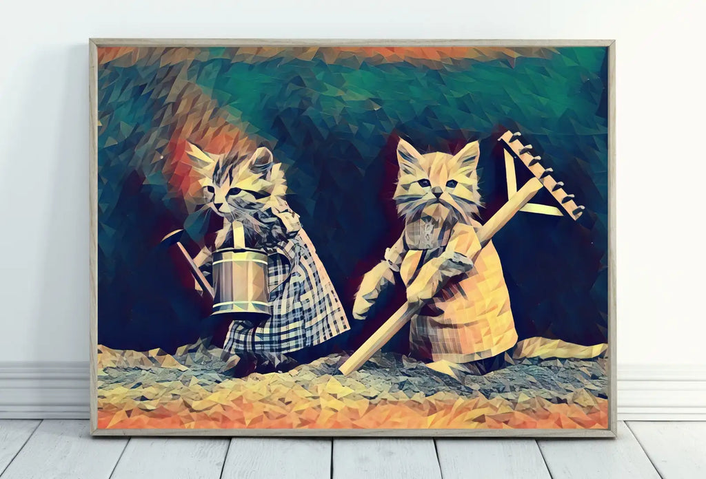 Included artwork preview showing first selection of artworks from Gardening Cats Digital Painting, Polygons Printable Wall Art, for Home or Office Decor, Kittens Print Art Instant Download.