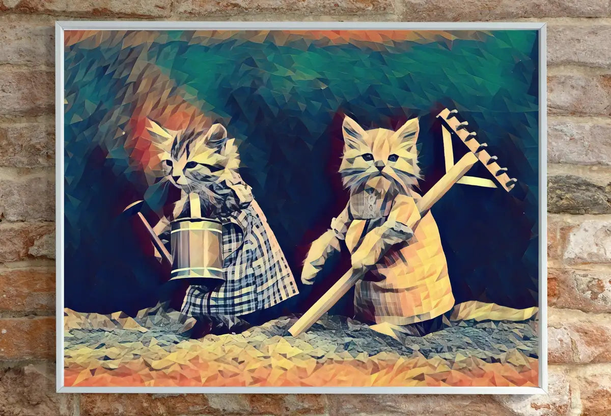 Detail view of artwork from Gardening Cats Digital Painting, Polygons Printable Wall Art, for Home or Office Decor, Kittens Print Art Instant Download. (variation 2)