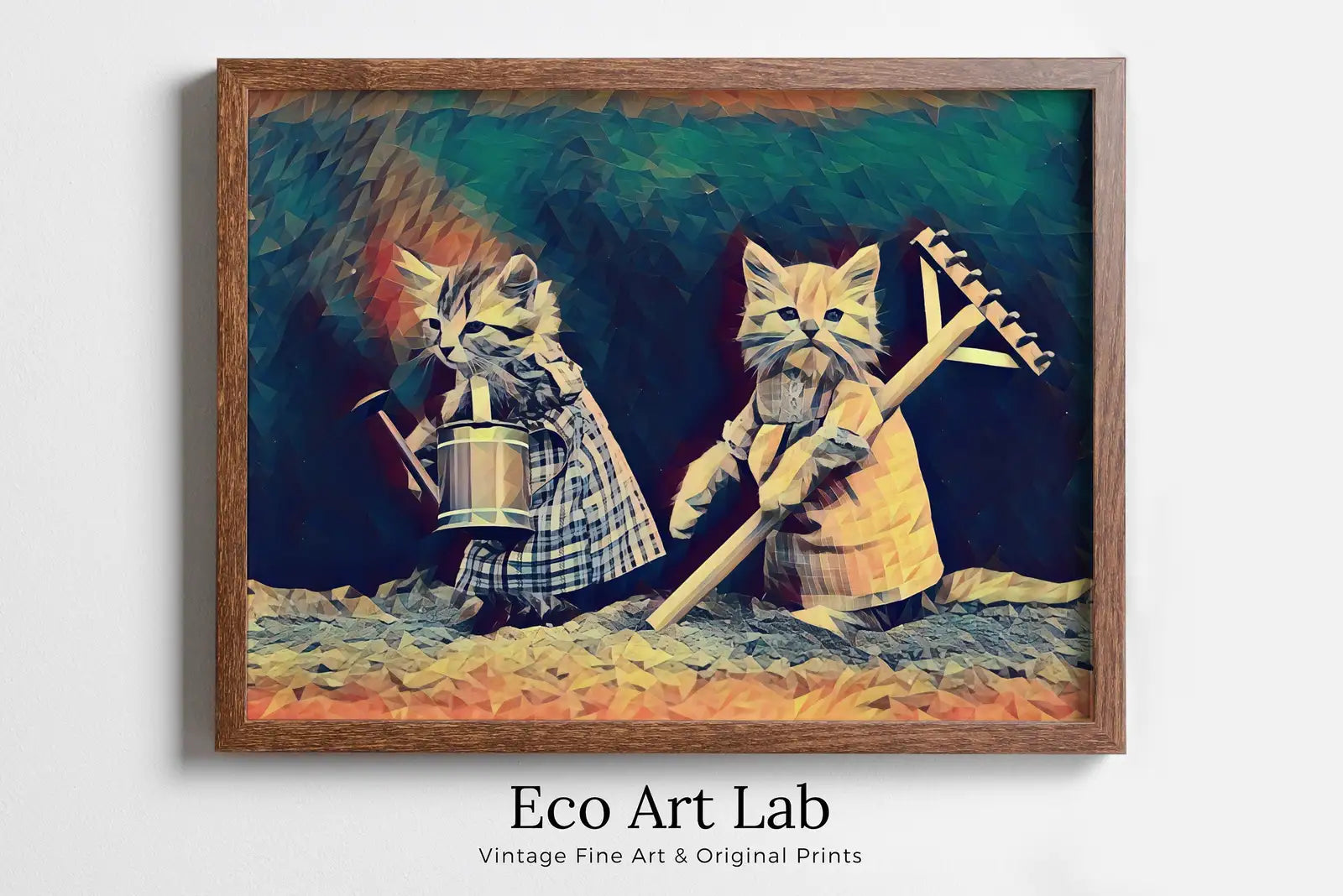 Framed view of Gardening Cats Digital Painting, Polygons Printable Wall Art, for Home or Office Decor, Kittens Print Art Instant Download – printable wall art digital download.