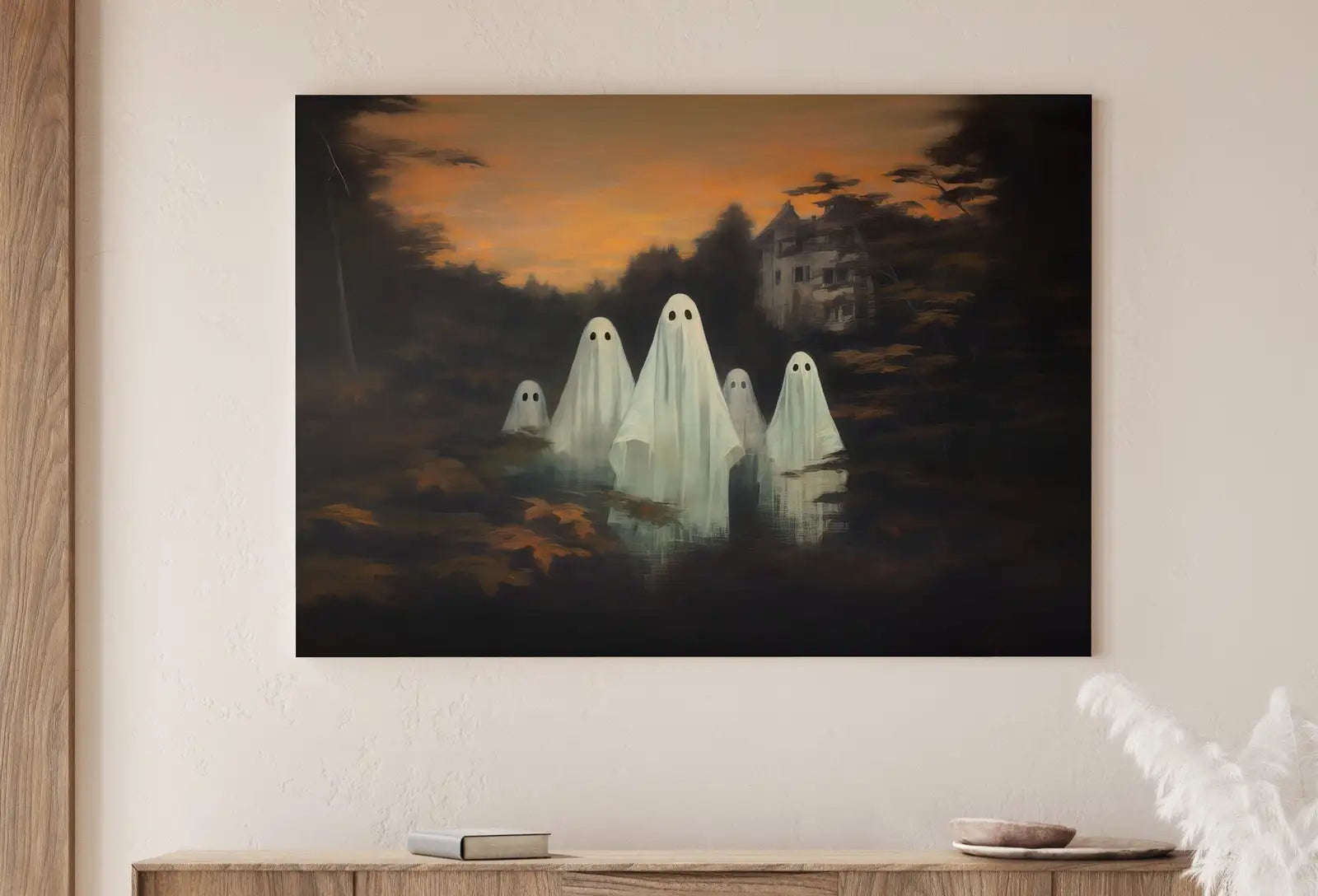 Included artwork preview showing first selection of artworks from Ghost Painting Printable Art. Ghost in the Forest Spooky Halloween Decor. Dark Academia Cottage Core Vintage Style Painting. Ghost Haunting.