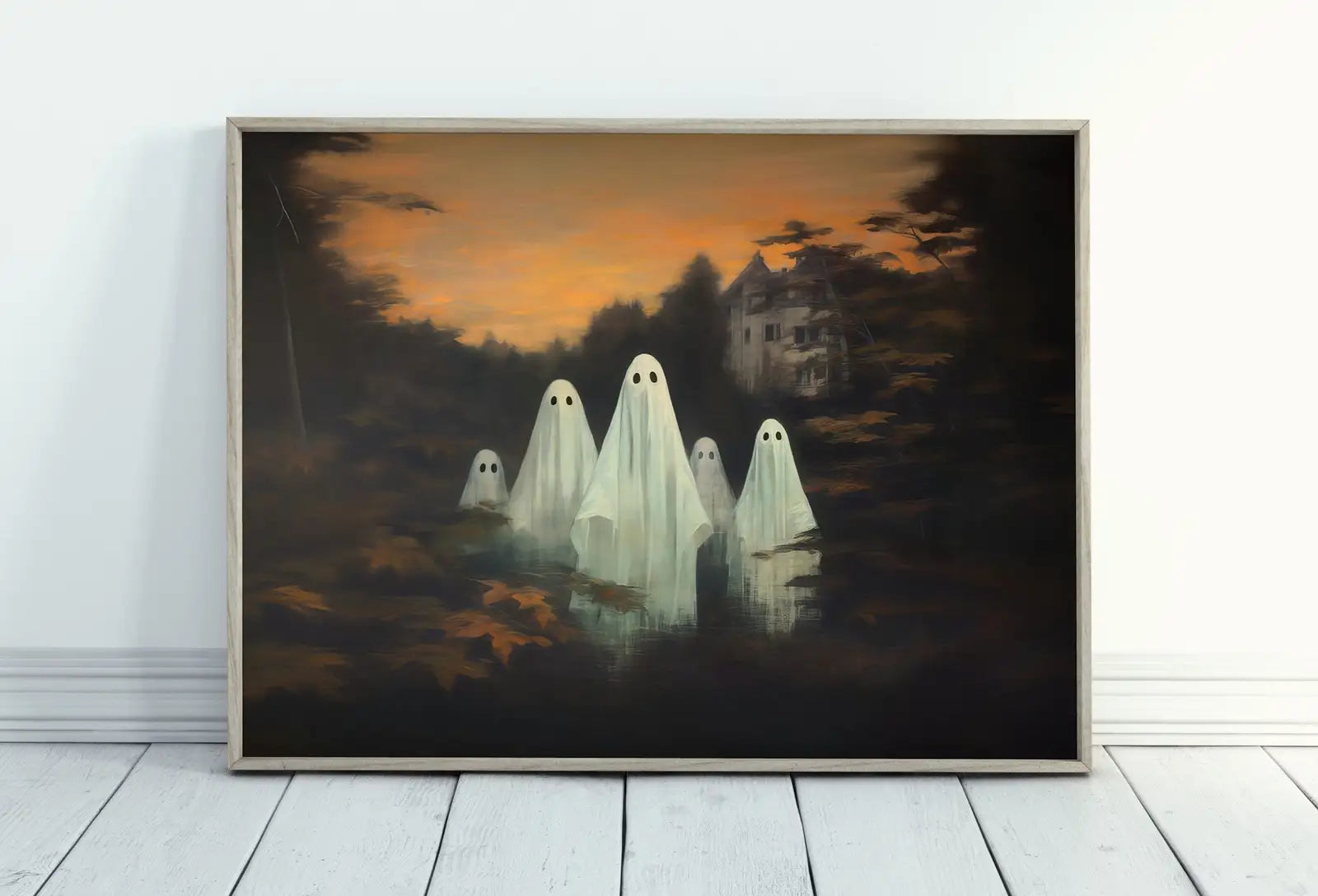Second included artwork preview from Ghost Painting Printable Art. Ghost in the Forest Spooky Halloween Decor. Dark Academia Cottage Core Vintage Style Painting. Ghost Haunting featuring various scenes.