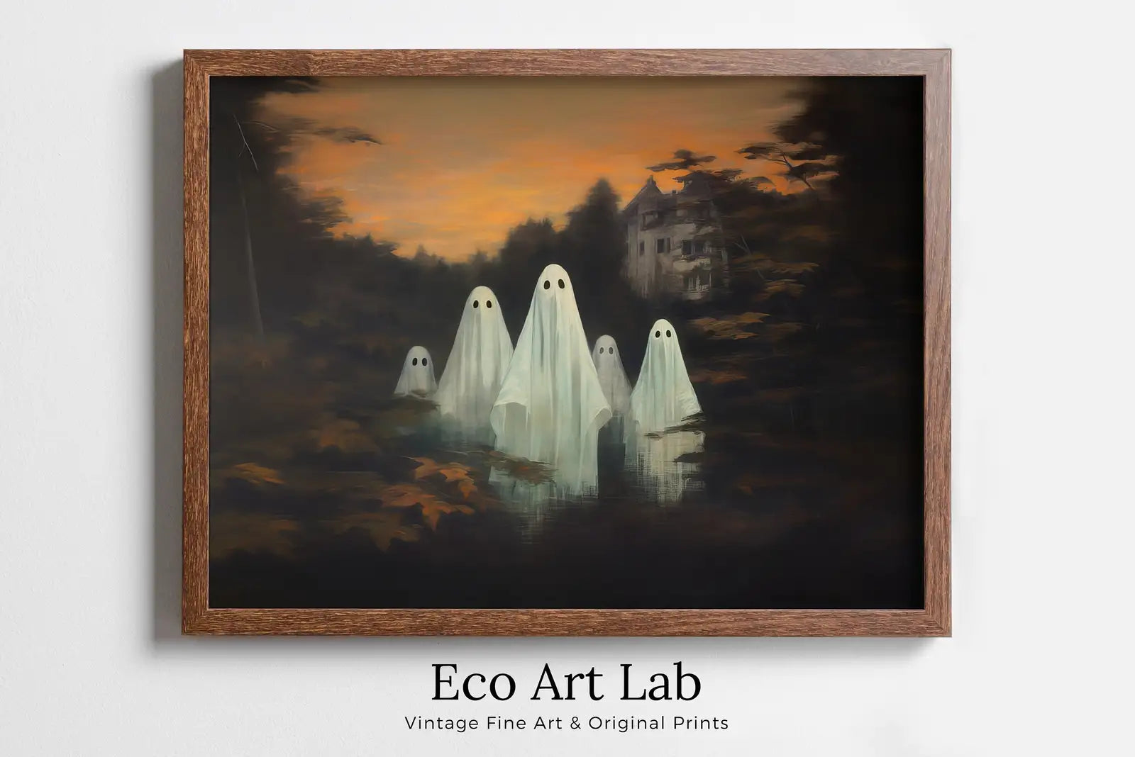 Framed view of Ghost Painting Printable Art. Ghost in the Forest Spooky Halloween Decor. Dark Academia Cottage Core Vintage Style Painting. Ghost Haunting – printable wall art digital download.