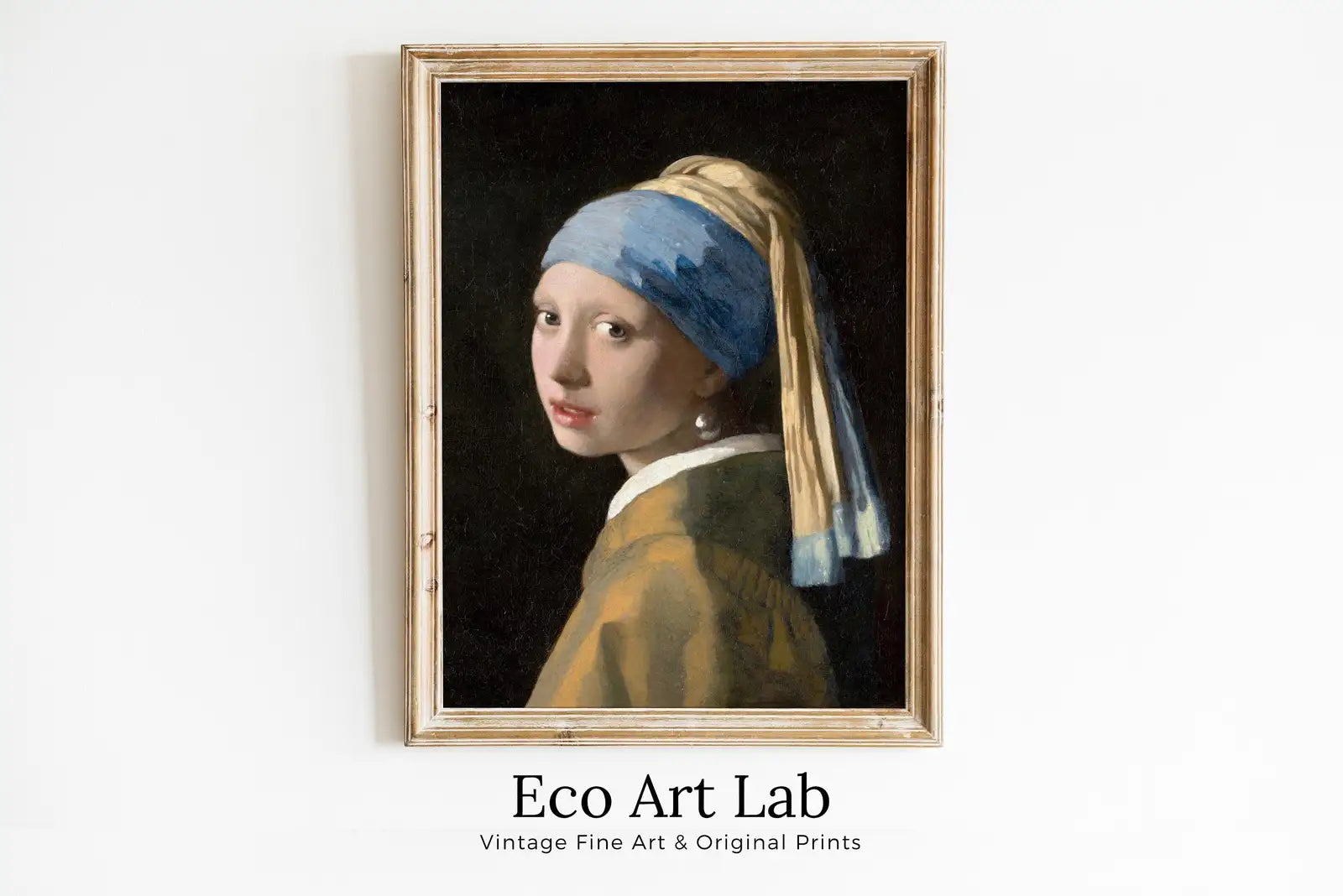 Framed view of Girl With Pearl Earring Painting Printable Wall Art. Vintage Classic Portrait Art Print. Famous Printable Painting Instant Download Fine Art – printable wall art digital download.