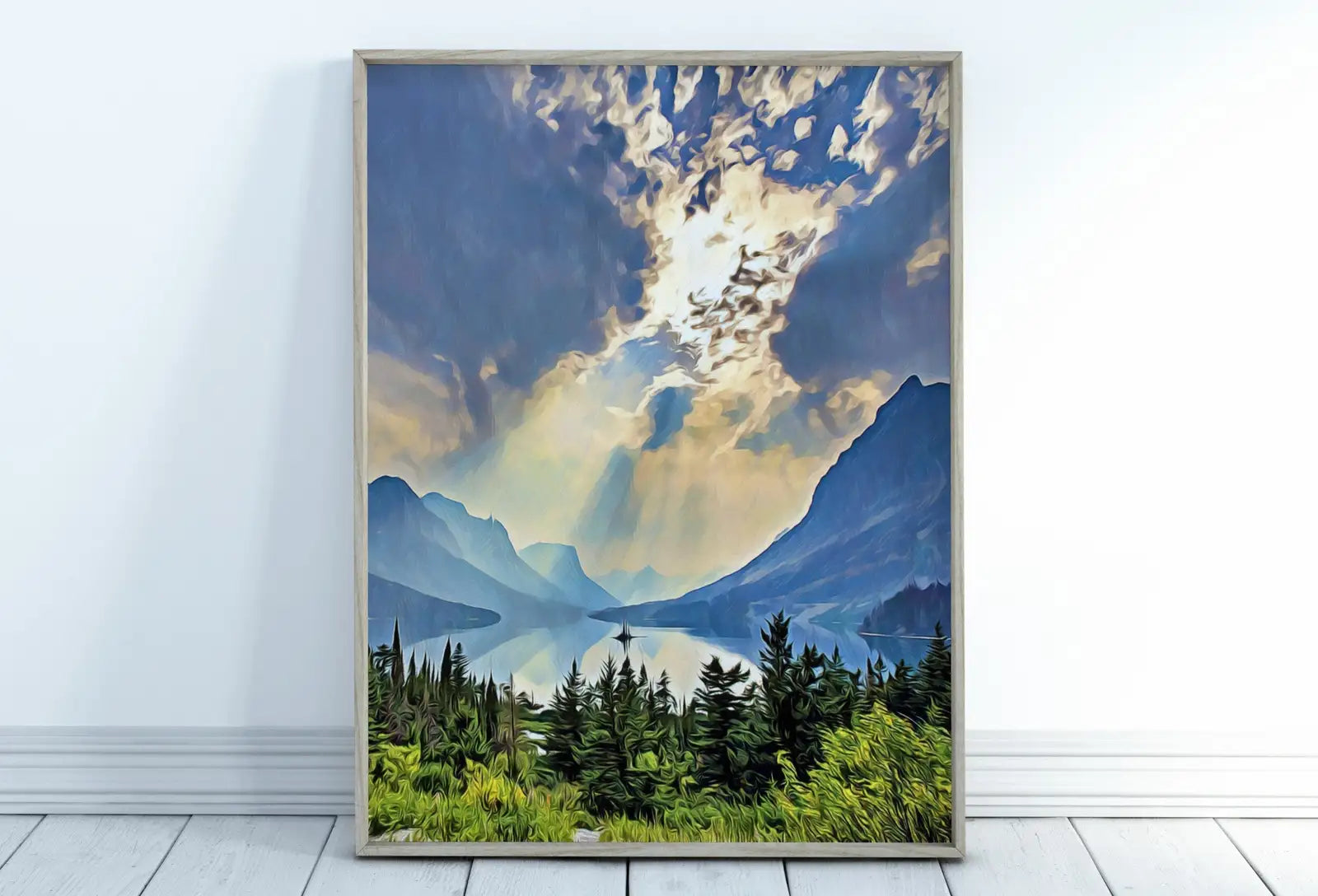 Included artwork preview showing first selection of artworks from Glacier National Park Poster Instant Download Printable Wall Art. Landscape With Lake and Mountain Wall Art. Vertical Colorful Nature Print.