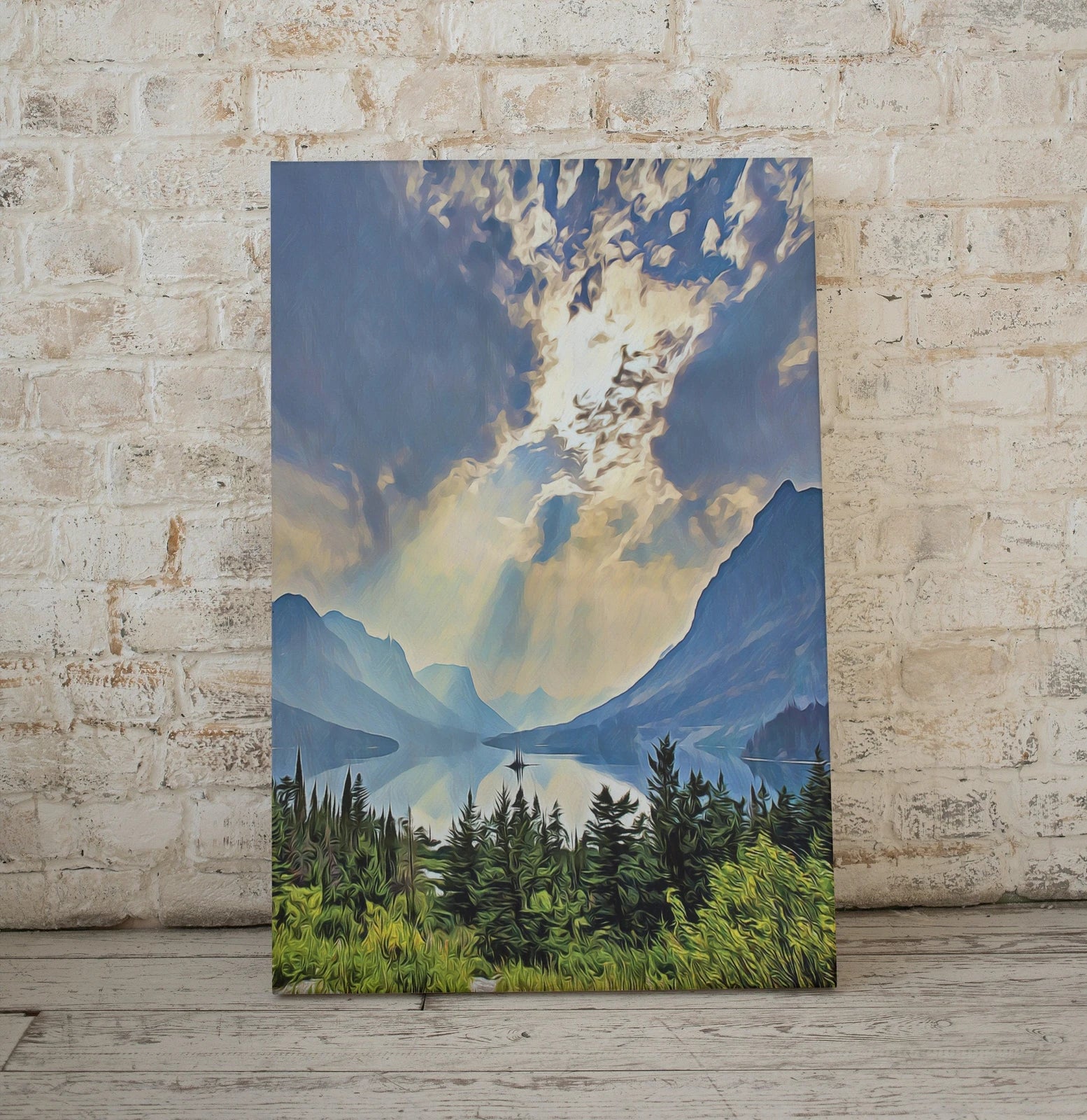 Detail view of artwork from Glacier National Park Poster Instant Download Printable Wall Art. Landscape With Lake and Mountain Wall Art. Vertical Colorful Nature Print. (variation 1)