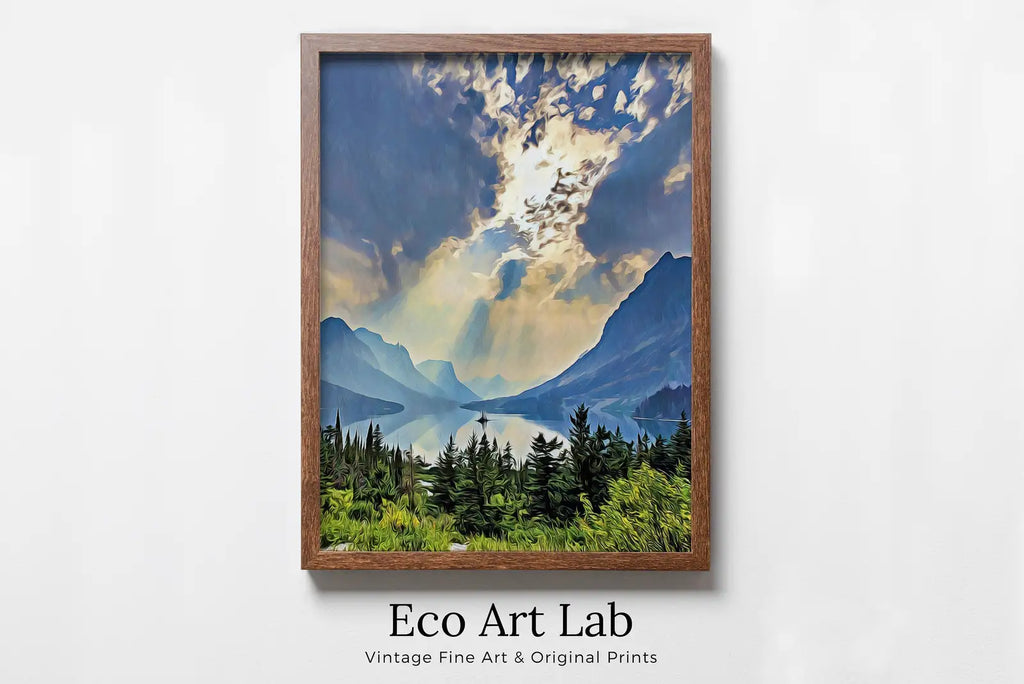 Framed view of Glacier National Park Poster Instant Download Printable Wall Art. Landscape With Lake and Mountain Wall Art. Vertical Colorful Nature Print – printable wall art digital download.