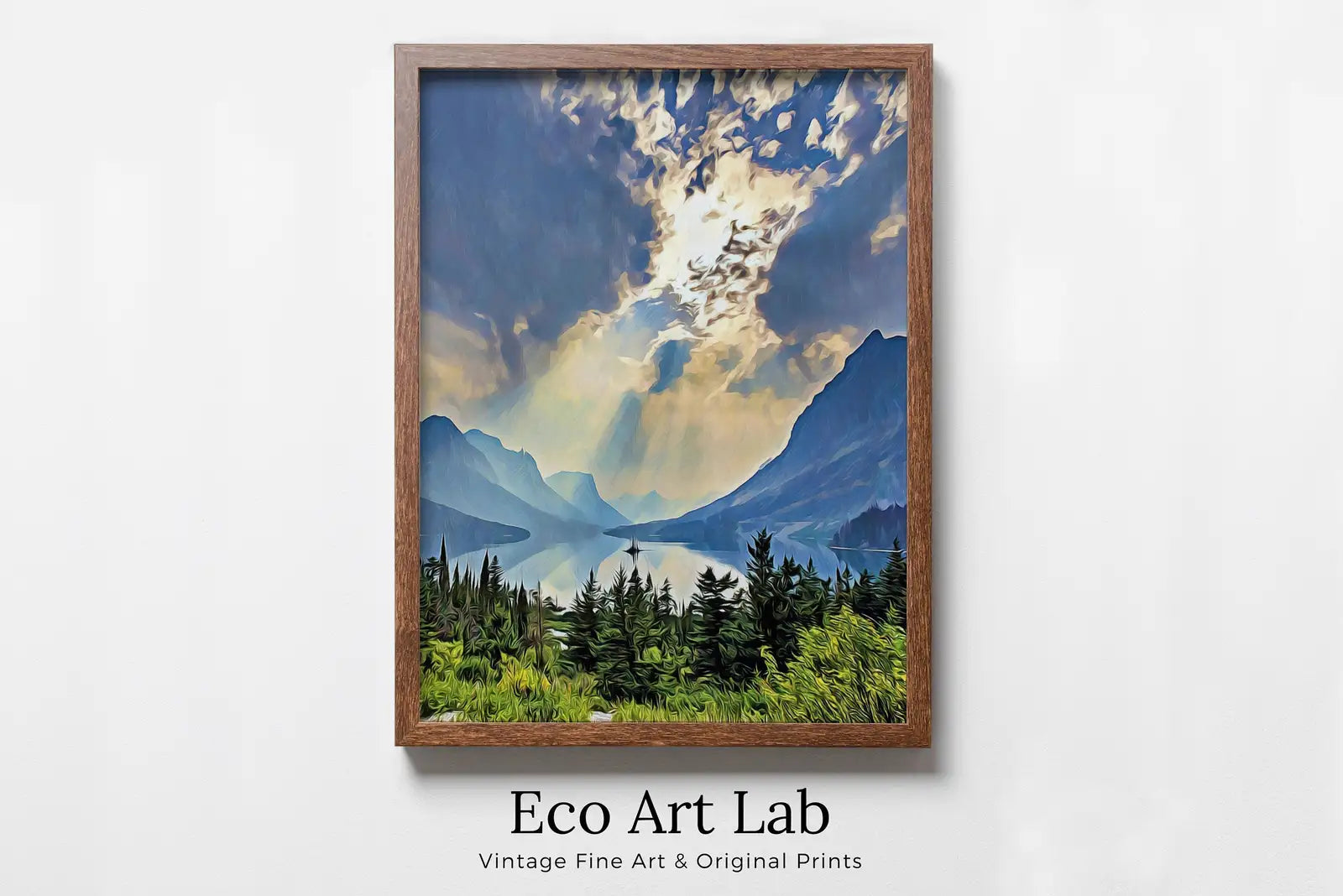 Framed view of Glacier National Park Poster Instant Download Printable Wall Art. Landscape With Lake and Mountain Wall Art. Vertical Colorful Nature Print – printable wall art digital download.