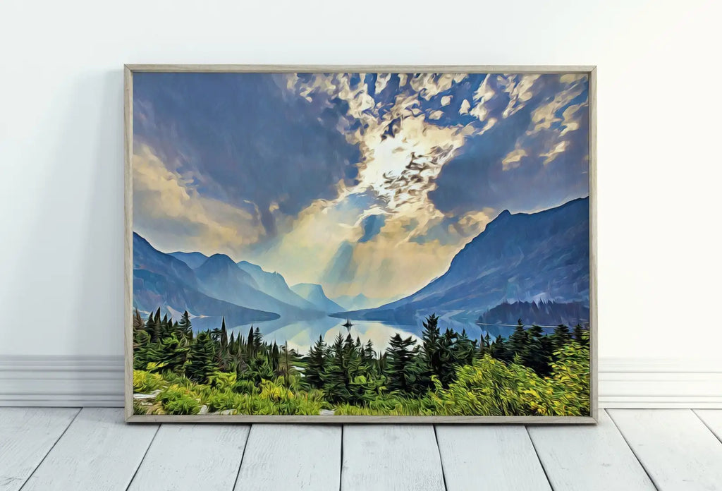 Included artwork preview showing first selection of artworks from Glacier National Park Poster Instant Download Printable Wall Art. Landscape With Lake and Mountains Wall Art. Colorful Nature Print Decor.
