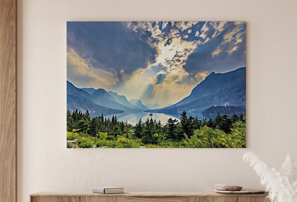 Detail view of artwork from Glacier National Park Poster Instant Download Printable Wall Art. Landscape With Lake and Mountains Wall Art. Colorful Nature Print Decor. (variation 1)
