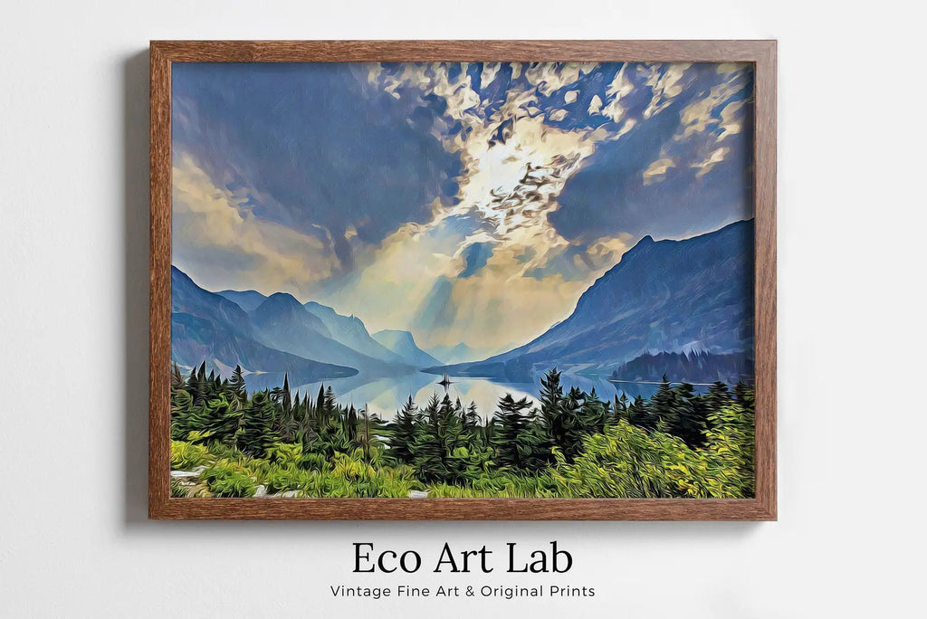 Framed view of Glacier National Park Poster Instant Download Printable Wall Art. Landscape With Lake and Mountains Wall Art. Colorful Nature Print Decor – printable wall art digital download.