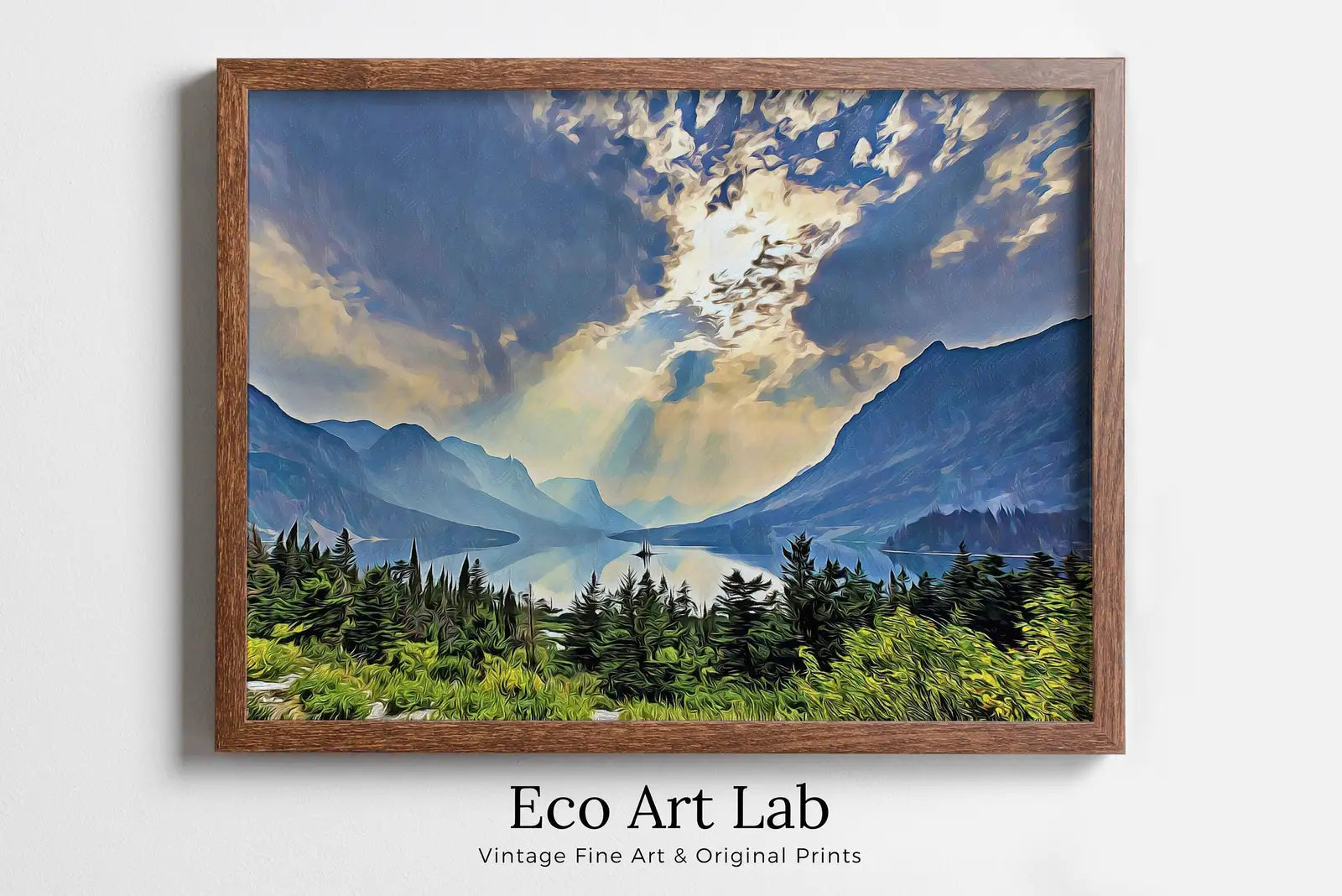 Framed view of Glacier National Park Poster Instant Download Printable Wall Art. Landscape With Lake and Mountains Wall Art. Colorful Nature Print Decor – printable wall art digital download.