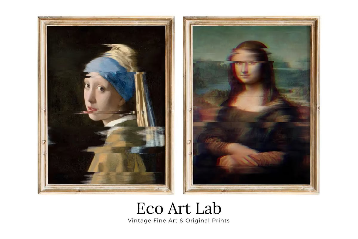 Glitch Art Altered Classic Painting Set of 2 Prints. Girl w Pearl Earring & Mona Lisa. Printable Altered Vintage Famous Classic Art Prints. – Printable Wall Art Set