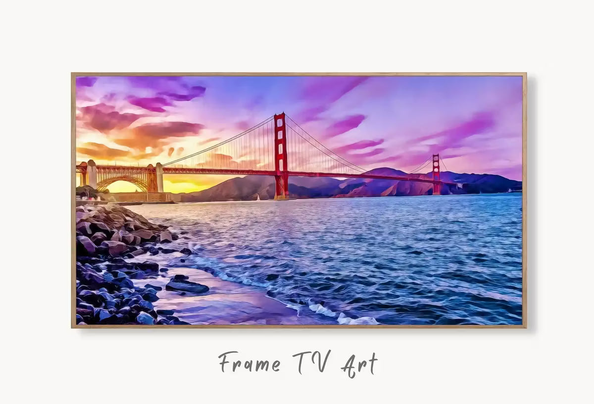 Golden Gate Bridge Frame TV Art, San Francisco Colorful Painting, , Art for Tv, Colorful Frame TV Art Golden Gate Bridge – Frame TV  Art