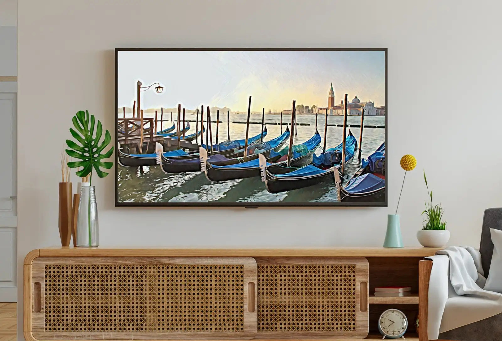 Gondole amarrée au quai. Peinture murale de Venise, Italie. Téléchargement numérique pour le Samsung Frame TV. Art coloré pour le Frame TV.