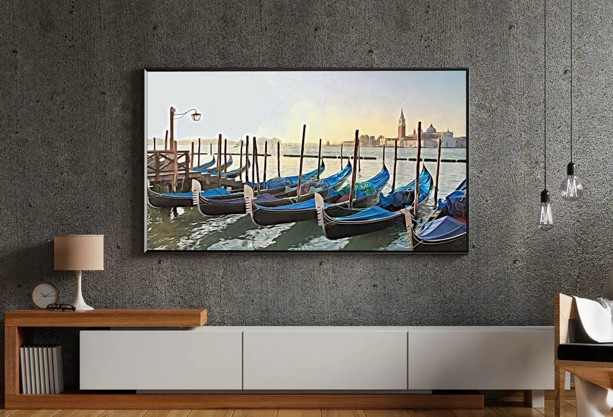 Gondole amarrée au quai. Peinture murale de Venise, Italie. Téléchargement numérique pour le Samsung Frame TV. Art coloré pour le Frame TV.