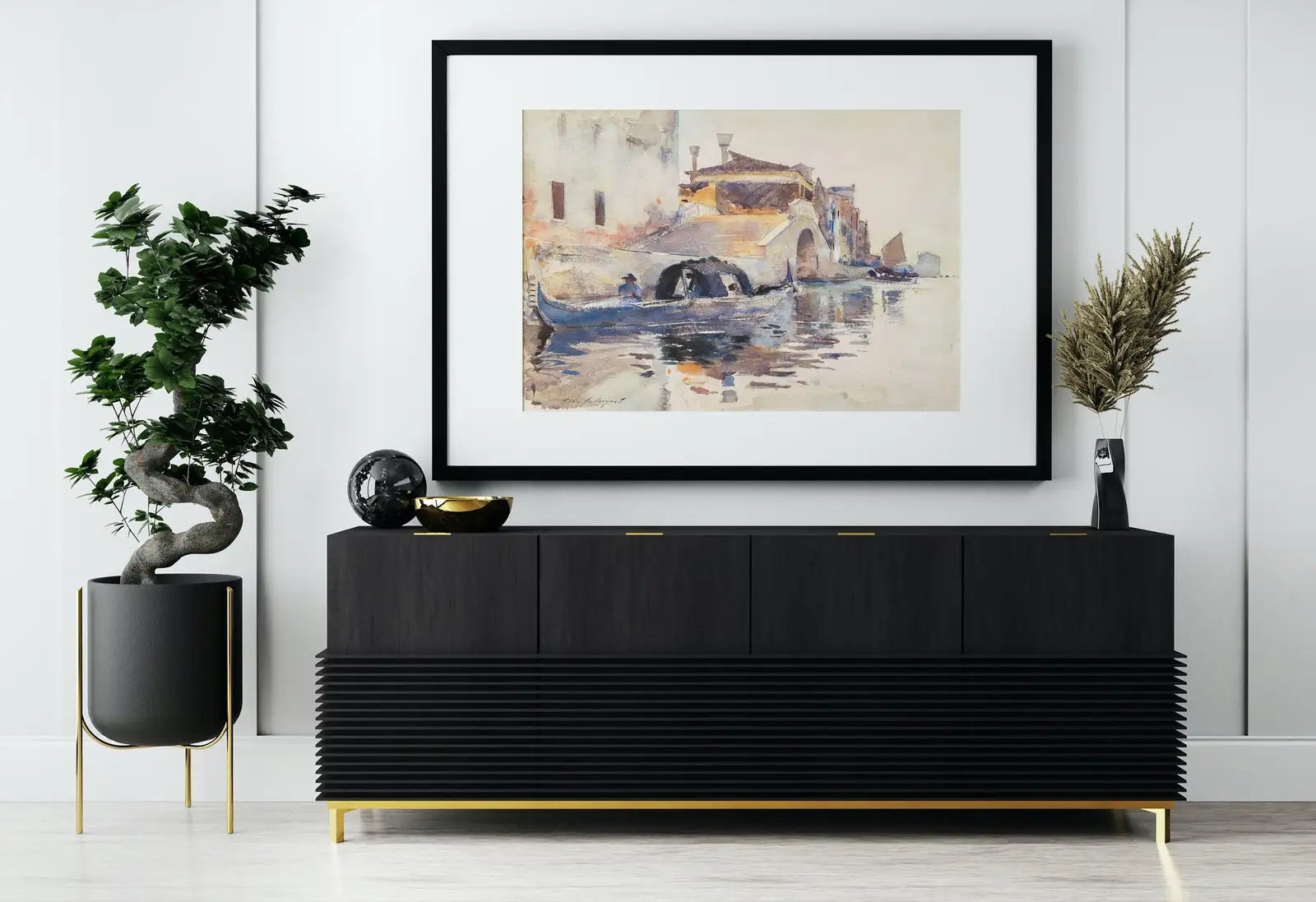 Detail view of artwork from Gondola on Canal in Venice City Vintage Landscape Painting. Printable Wall Art, Watercolor Venice Print Digital Art Instant Download. (variation 1)