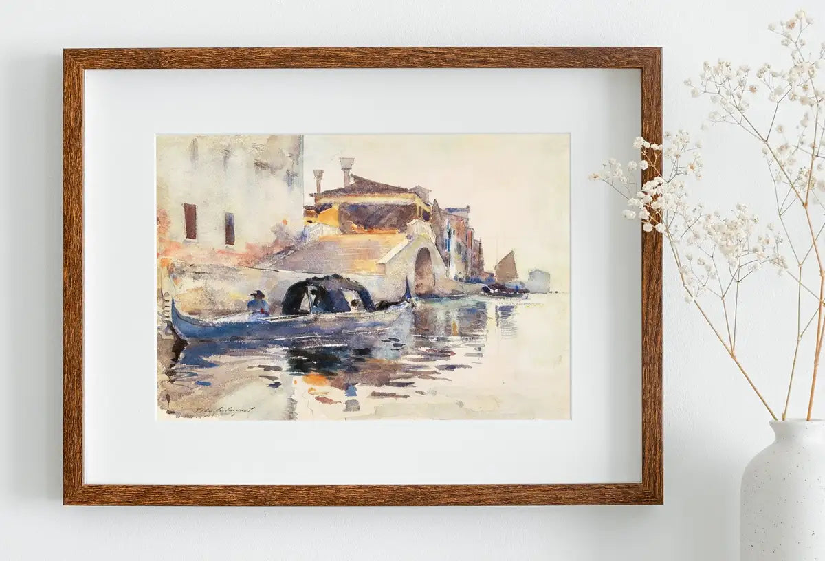 Detail view of artwork from Gondola on Canal in Venice City Vintage Landscape Painting. Printable Wall Art, Watercolor Venice Print Digital Art Instant Download. (variation 2)
