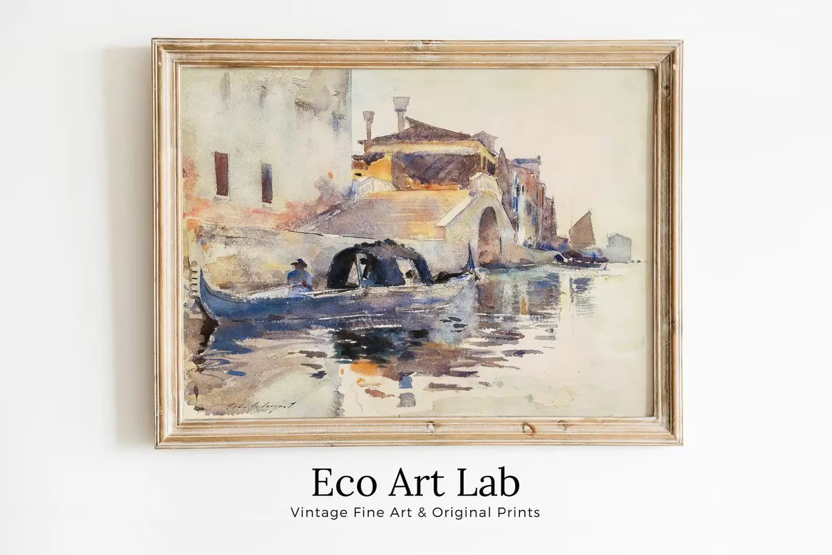 Gondola on Canal in Venice City Vintage Landscape Painting. Printable Wall Art, Watercolor Venice Print Digital Art Instant Download – Printable Wall Art