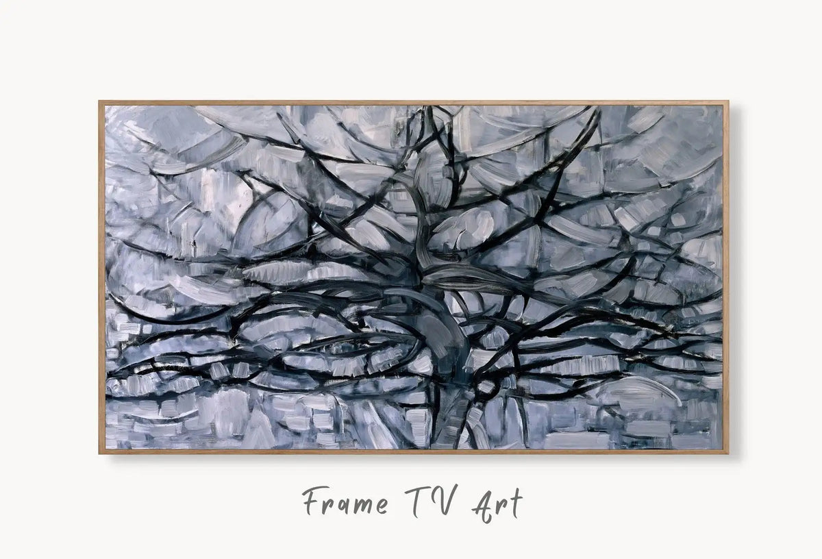 Gray Tree Vintage Famous Painting Abstract Samsung Frame TV Art. Abstract Nature Art Samsung TV. Digital Download for Samsung Frame TV Art displayed on Samsung Frame TV on a living room wall.