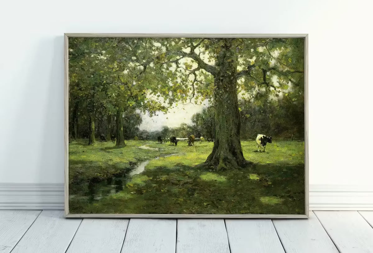 Grazing Cows Rustic Meadow Painting. Printable Antique Cow Art. Vintage Farmhouse Print. Country Landscape Painting. Vintage Landscape. – Printable Wall Art