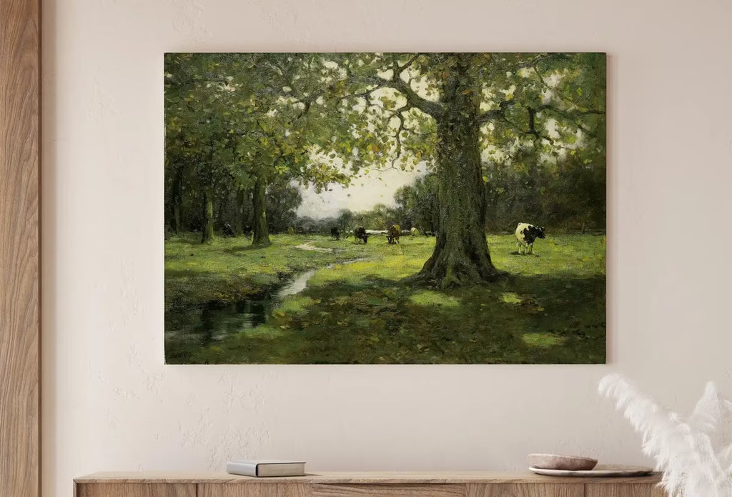 Grazing Cows Rustic Meadow Painting. Printable Antique Cow Art. Vintage Farmhouse Print. Country Landscape Painting. Vintage Landscape. – Printable Wall Art