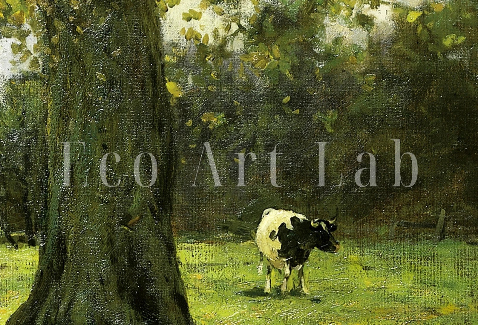 Detail view of artwork from Grazing Cows Rustic Meadow Painting. Printable Antique Cow Art. Vintage Farmhouse Print. Country Landscape Painting. Vintage Landscape.. (variation 1)