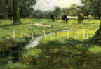 Detail view of artwork from Grazing Cows Rustic Meadow Painting. Printable Antique Cow Art. Vintage Farmhouse Print. Country Landscape Painting. Vintage Landscape.. (variation 2)