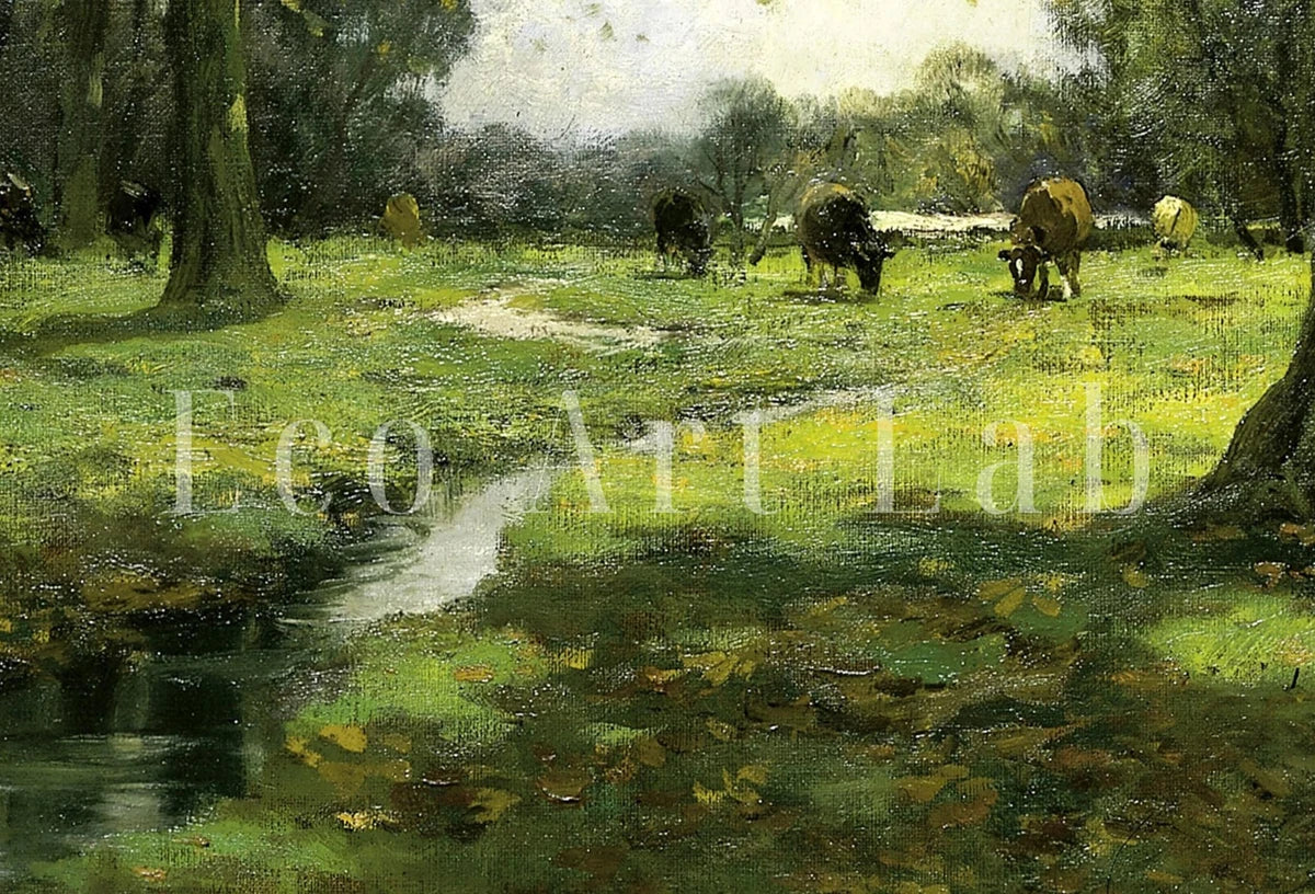 Detail view of artwork from Grazing Cows Rustic Meadow Painting. Printable Antique Cow Art. Vintage Farmhouse Print. Country Landscape Painting. Vintage Landscape.. (variation 2)